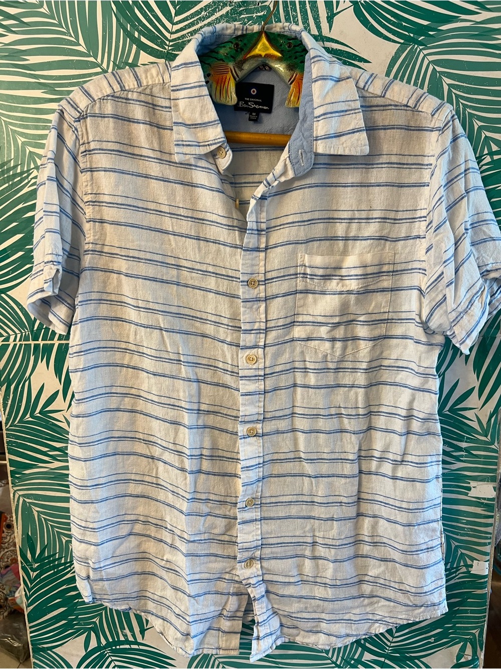 Ben Sherman Men's Blue Stripe Short-Sleeve Linen Shirt sz M